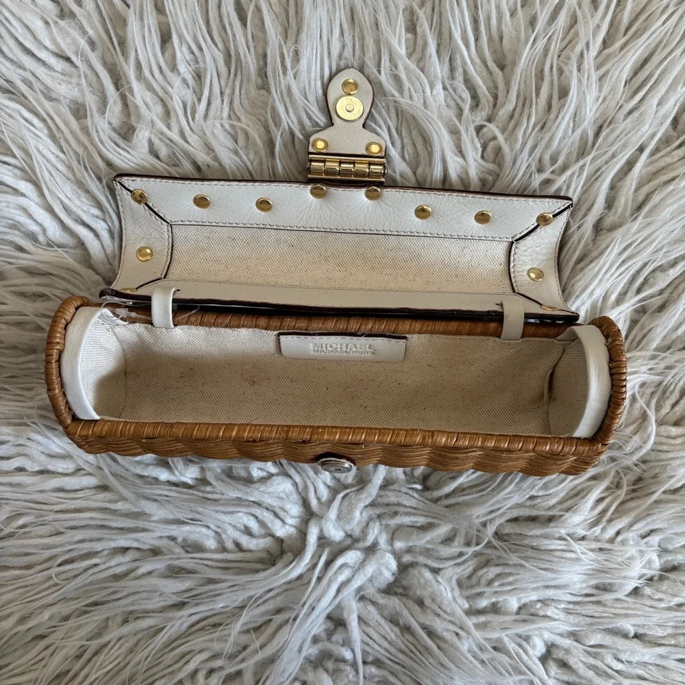 Michael Kors Wicker Minaudière Santorini White Leather Gold Studded Straw Clutch